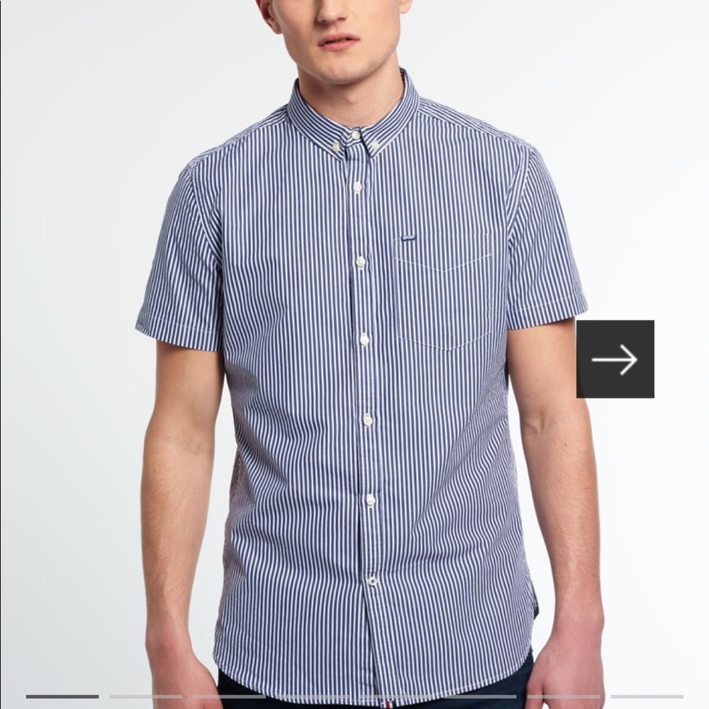 Superdry London Chalk Stripe Navy Short Sleeve Button Down Shirt Size L